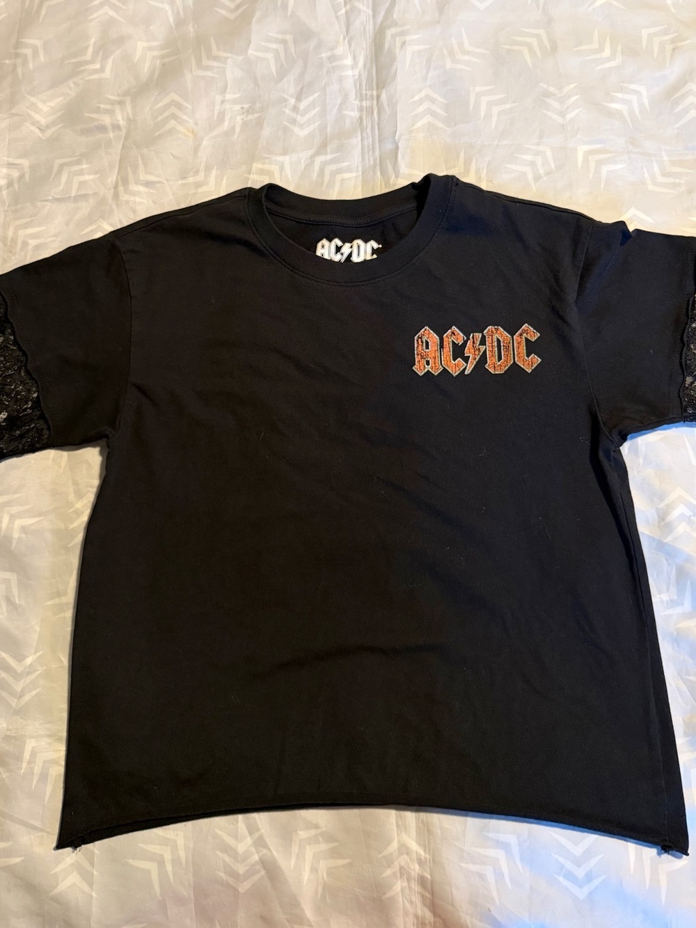 AC/DC Black Tee with Orange Logo and Lace Sleeves